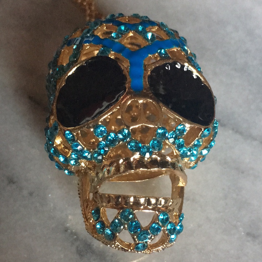 Blue Rhinestone Skull Necklace - Picture 14 of 15